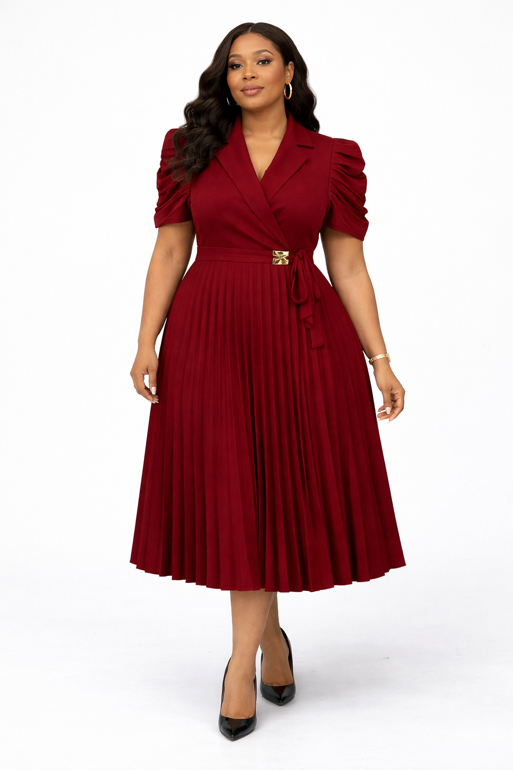 Robe Élégance Plissée Midi -manches courtes ,coupe wrap