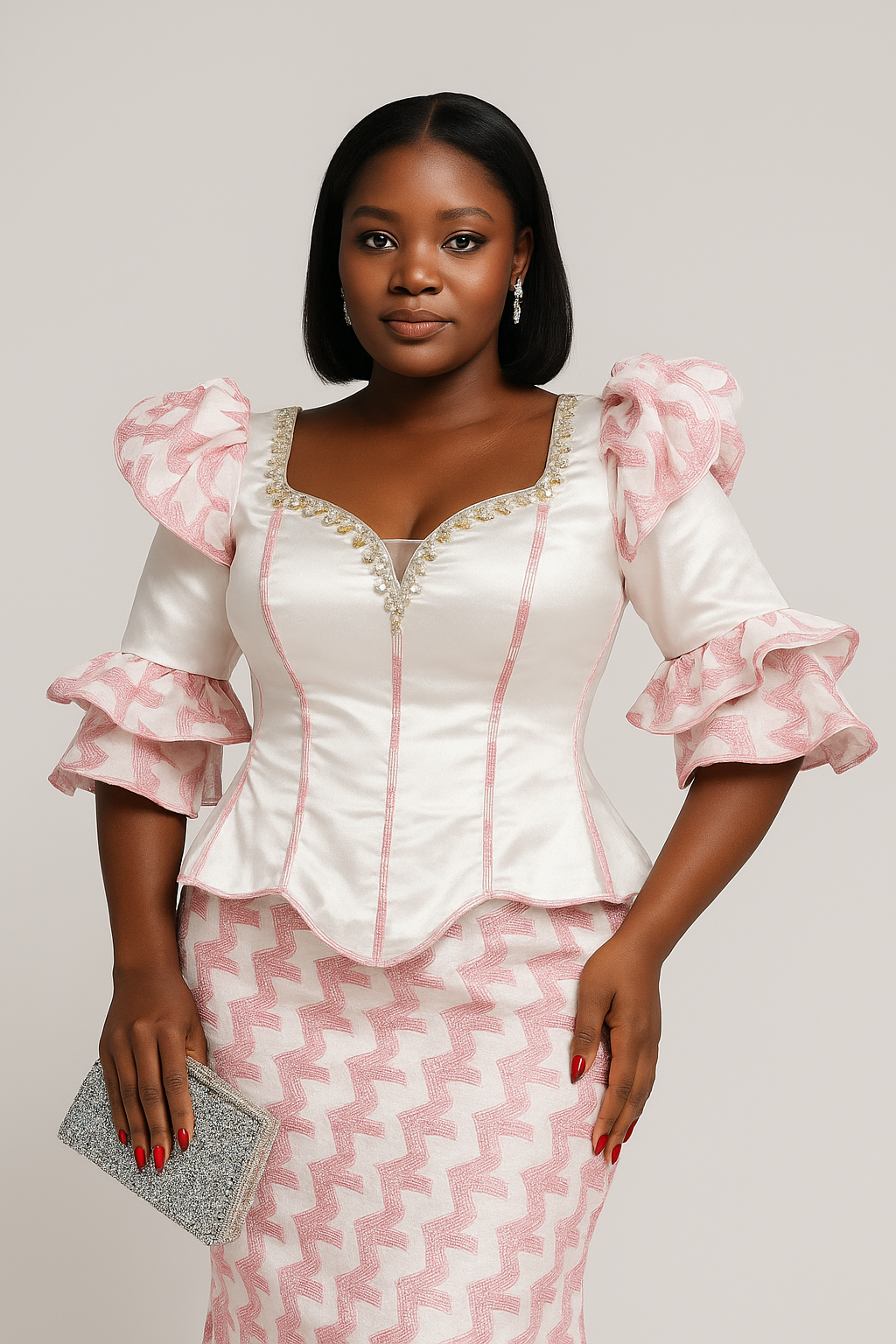 Robe deux-pièces élégante – Satin blanc & motifs roses