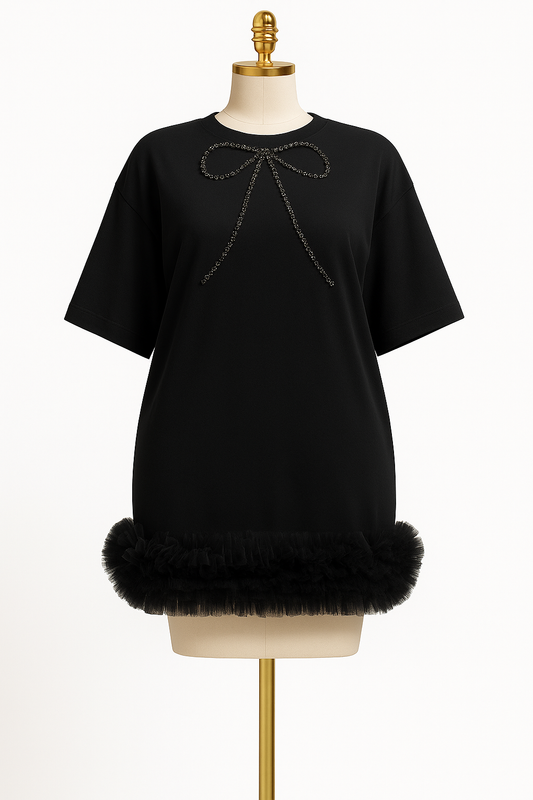 T-shirt Chic Noir à Détails Strass et Volants en Tulle