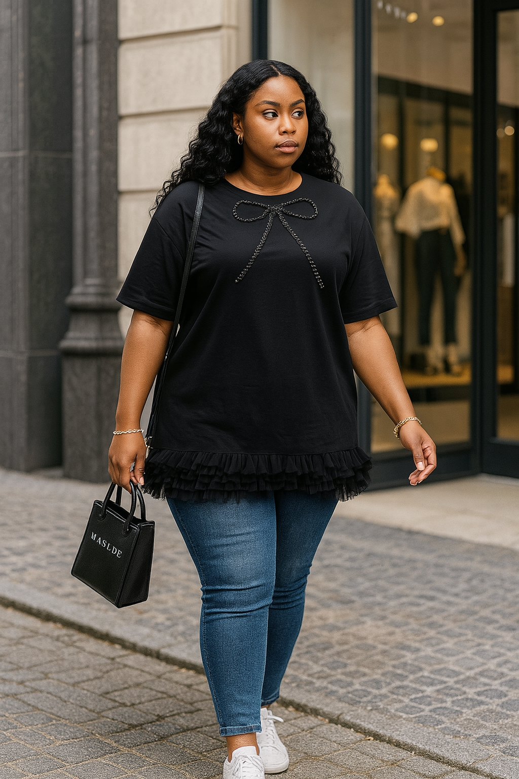 T-shirt Chic Noir à Détails Strass et Volants en Tulle