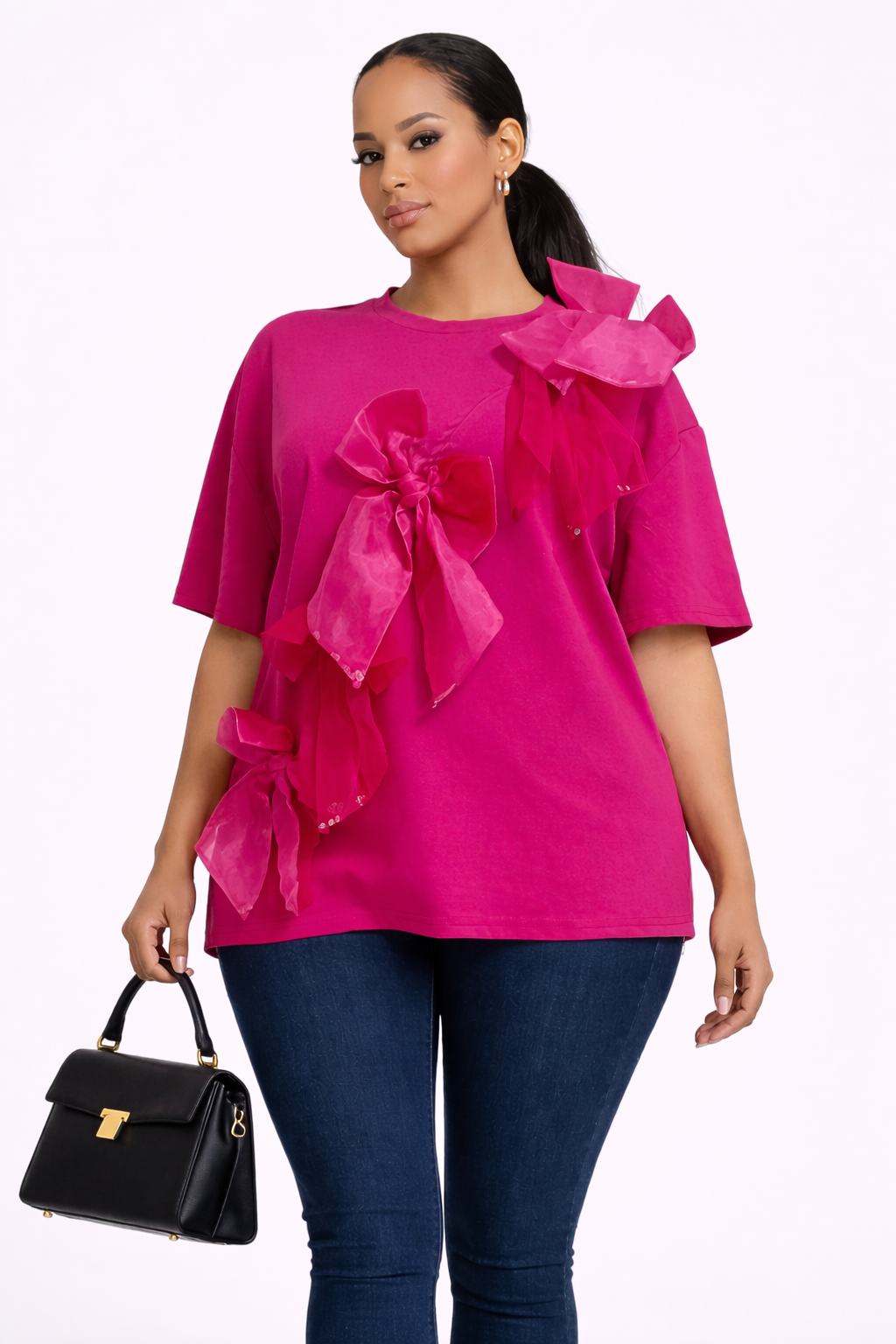 T-shirt Blanc Élégance  à manche courte  – Nœuds Roses en Organza