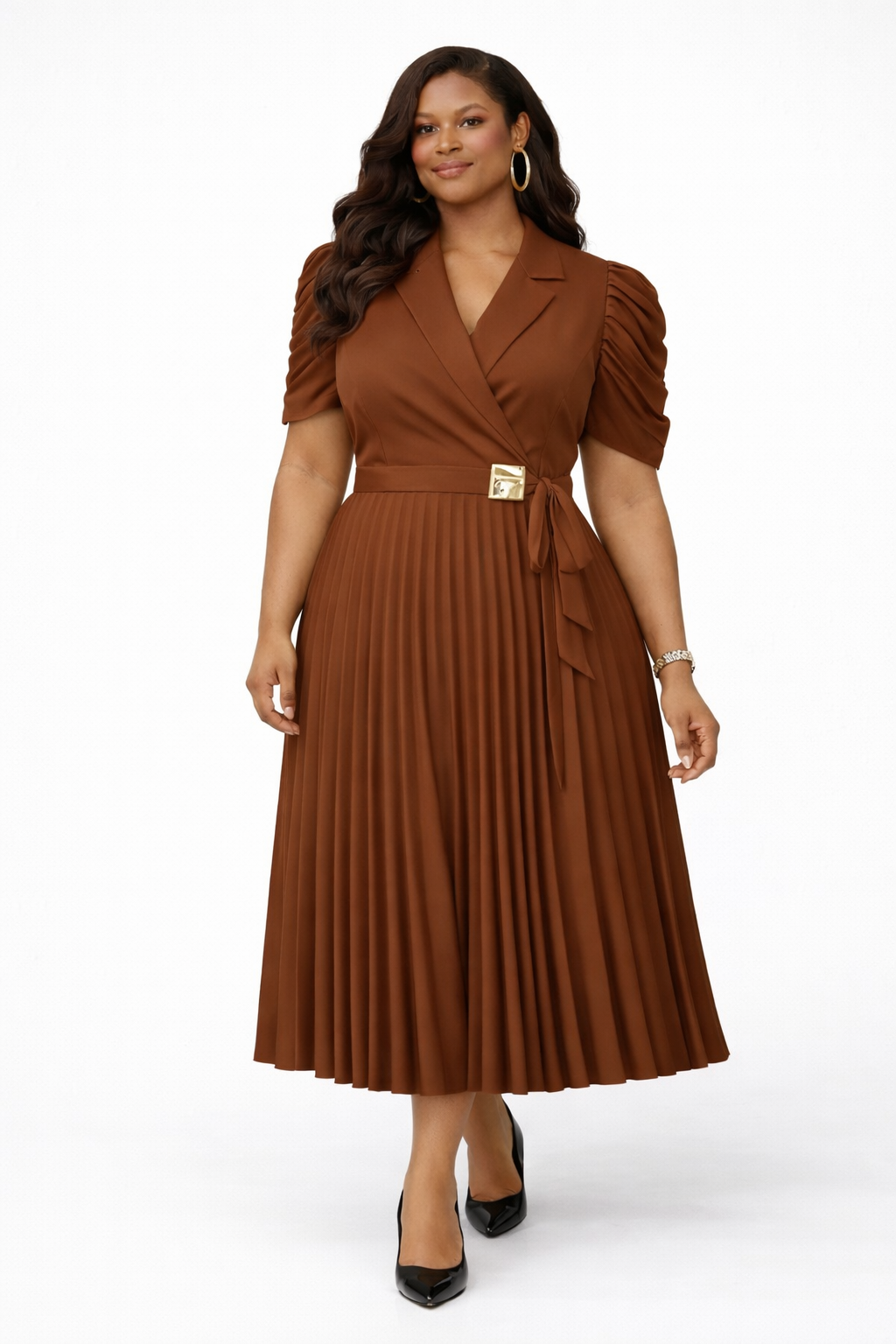 Robe Élégance Plissée Midi -manches courtes ,coupe wrap
