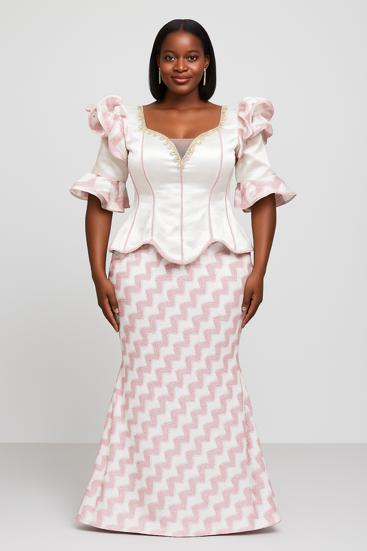 Robe deux-pièces élégante – Satin blanc & motifs roses