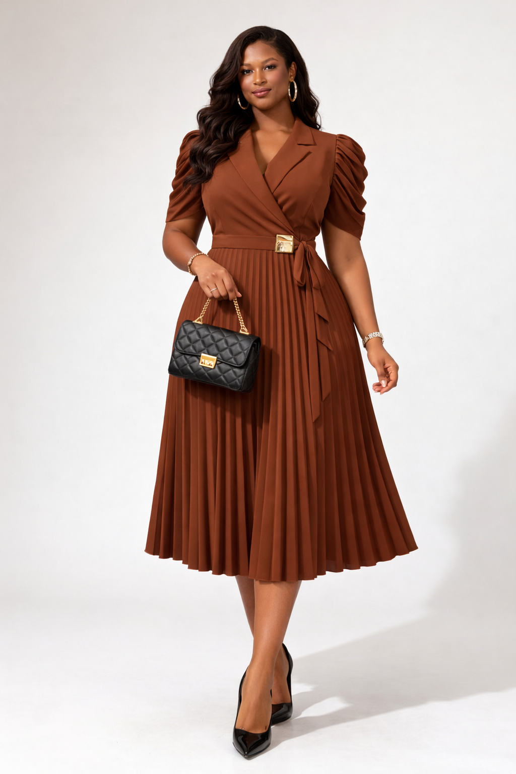 Robe Élégance Plissée Midi -manches courtes ,coupe wrap