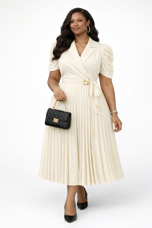 Robe Élégance Plissée Midi -manches courtes ,coupe wrap