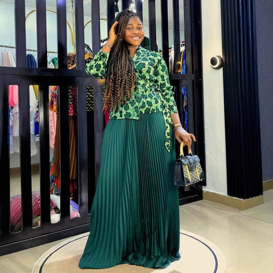 Ensemble pour femmes Imprimé Haut à manches longues Jupe plissée